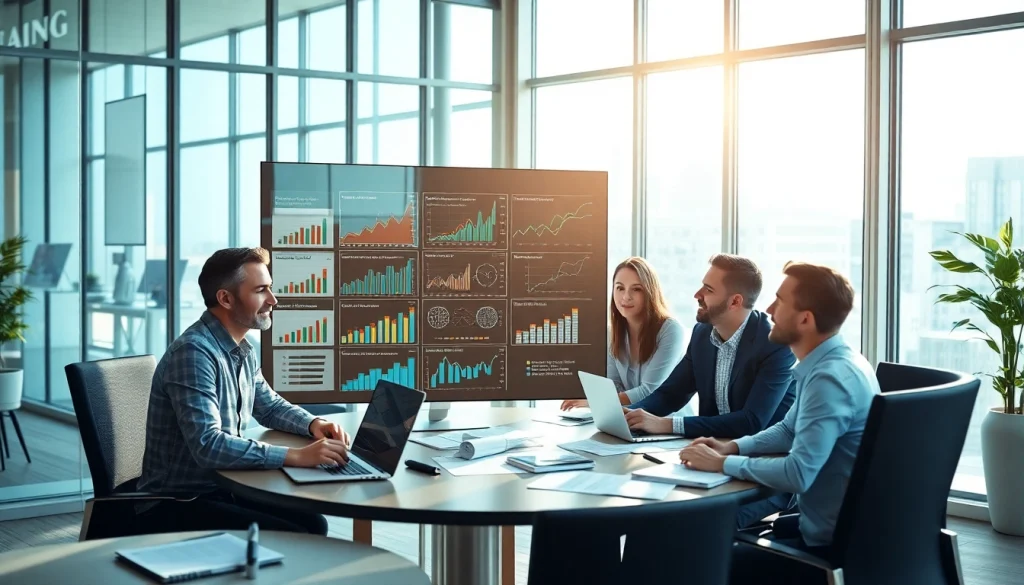 Team analyzing b2b competitive intelligence data in a bright, professional office.