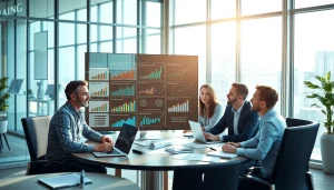 Team analyzing b2b competitive intelligence data in a bright, professional office.