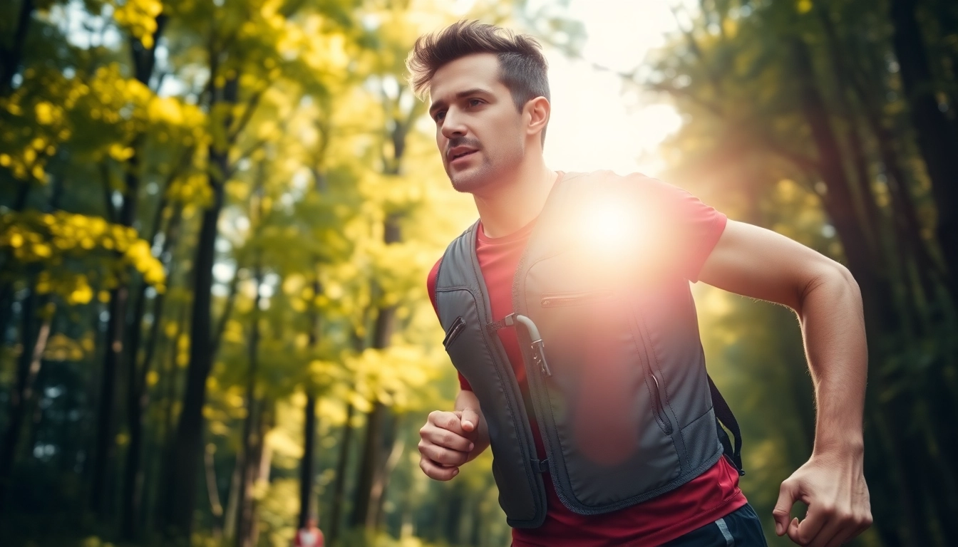Runner showcasing a hydration vest in action amidst nature, emphasizing comfort and functionality.