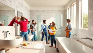 Skilled bathroom contractors near me installing modern fixtures in a stylish bathroom.