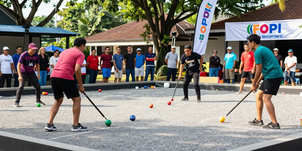 Kompetisi petanque di lapangan FOPI Kota Banjarbaru dengan semangat kegiatan olahraga.