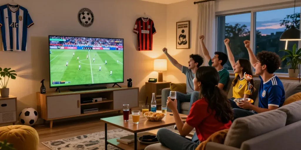 Excited friends watching koora tv live football in a cozy living room