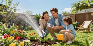 Family setting up a wifi sprinkler controller in a vibrant garden to optimize plant care.