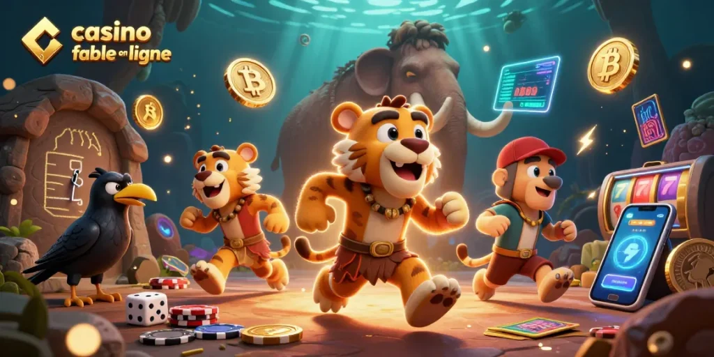 Jouez au casino fiable en ligne avec des personnages colorés et des éléments de jeu dynamiques autour.