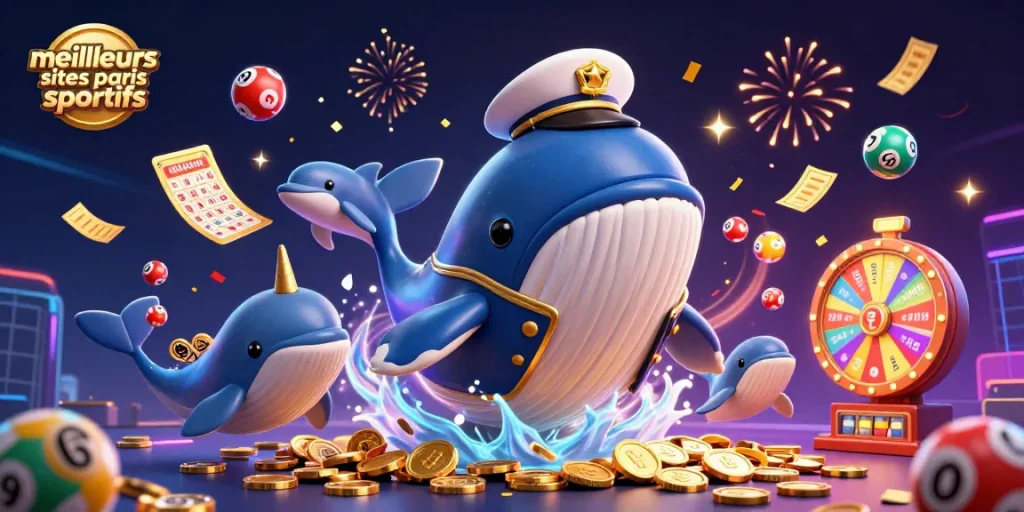 Pariez sur les meilleurs sites paris sportifs avec une illustration 3D dynamique de personnages marins et éléments de casino.
