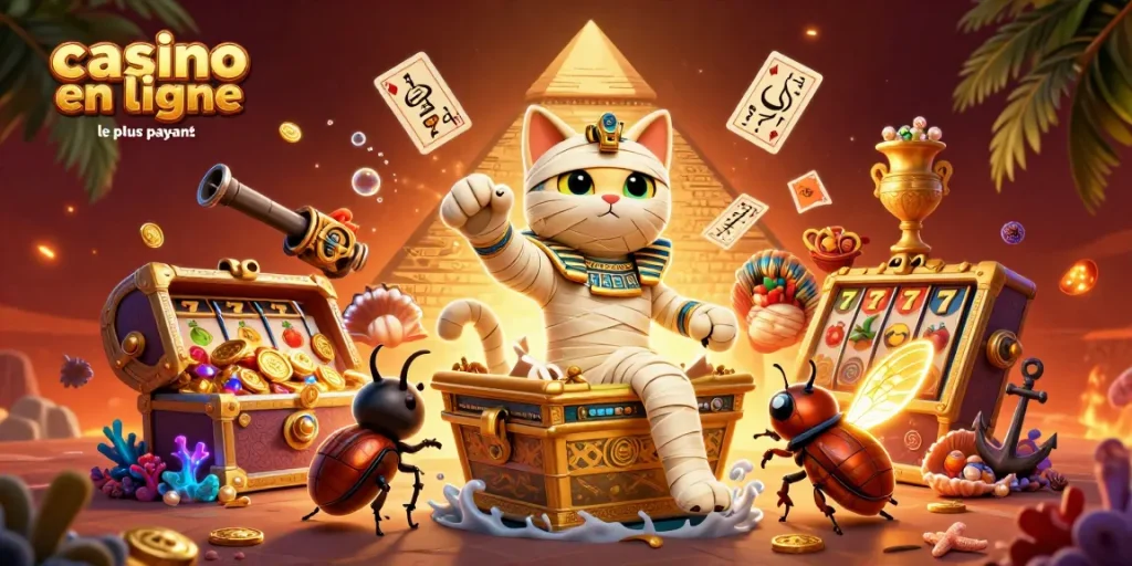 Exploiter des stratégies à "casino en ligne le plus payant", un chat momie égyptien et un scarabée ludique s'épanouissent dans un décor dynamique.